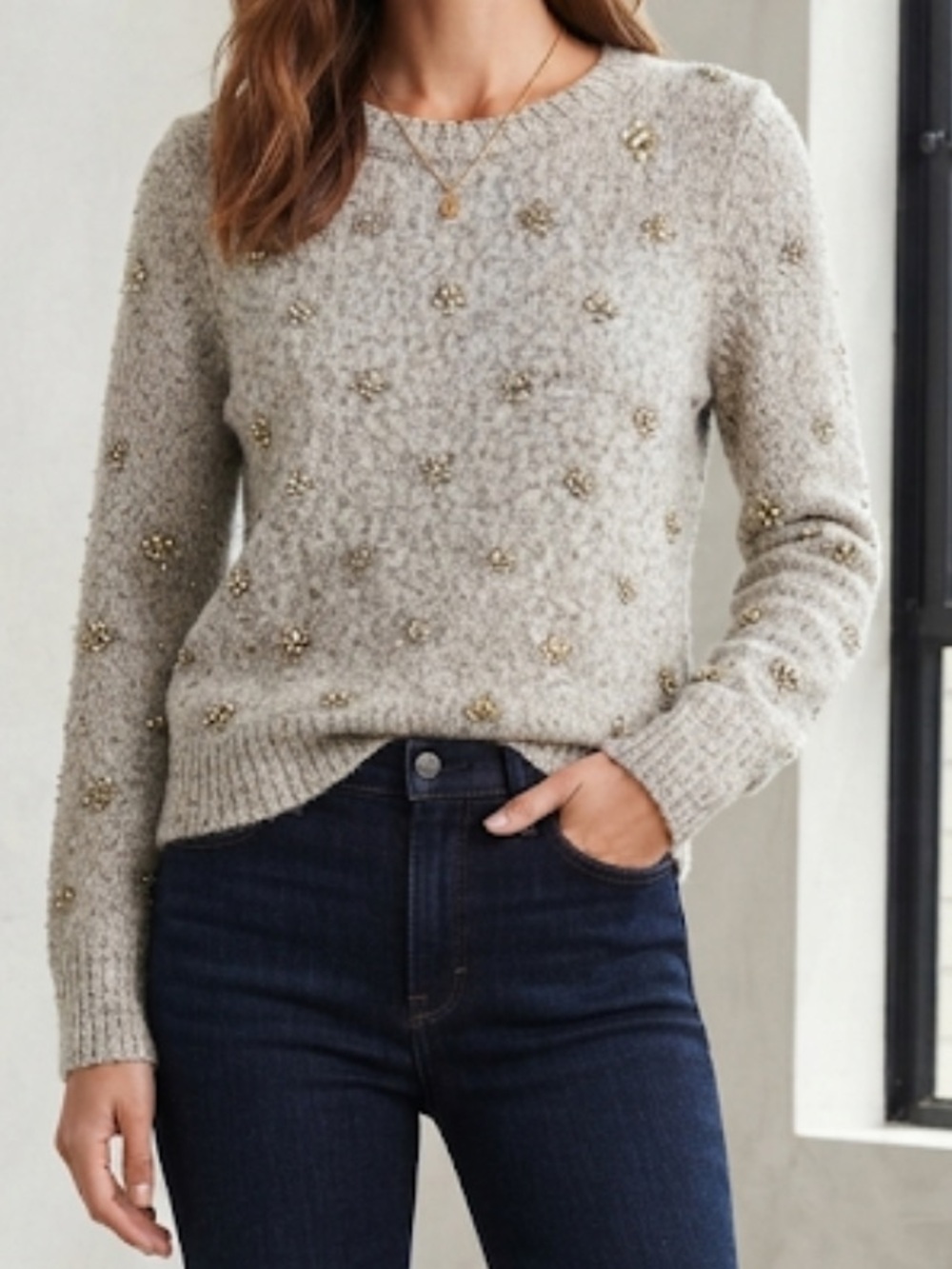 BANANA REPUBLIC Limited Edition Jeweled Sweater Merino Wool Blend Beaded Medium